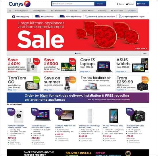 Currys is a responsive site, uses image slideshow to showcase their products